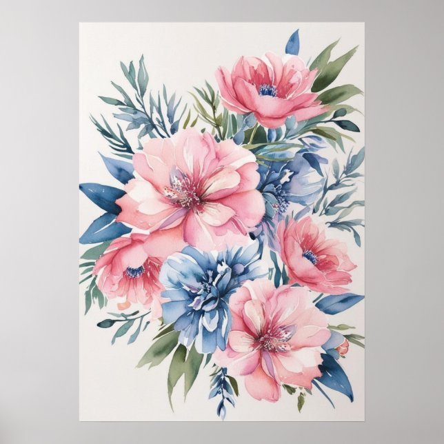 Poster Art floral rose et bleu élégant (Devant)