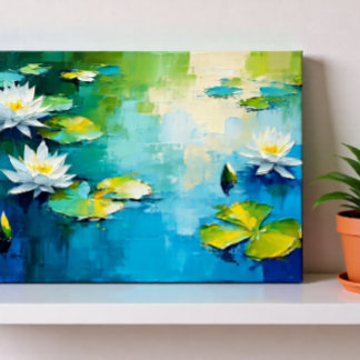 Poster Art floral vibrant de lys, scène abstraite de lac