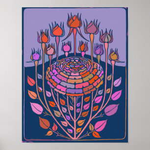 Poster Art floral Vintage coloré en violet et bleu