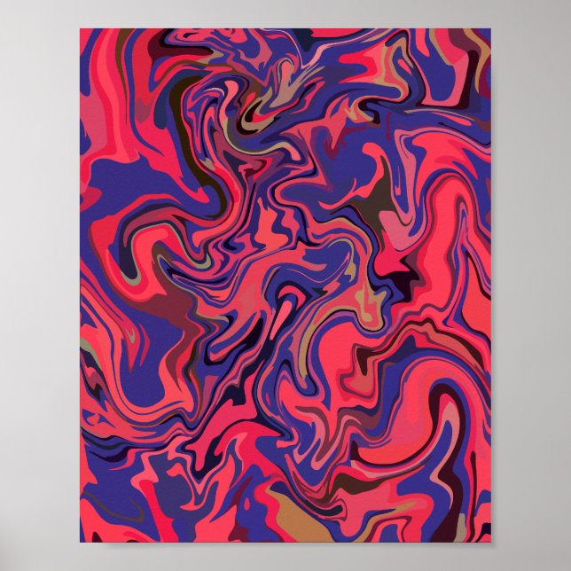 Poster Art fluide Abstrait avec rouge et bleu profond (Devant)