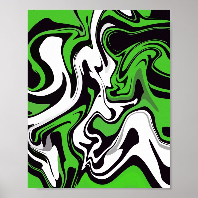 Poster Art fluide abstrait vert, noir et blanc (Devant)