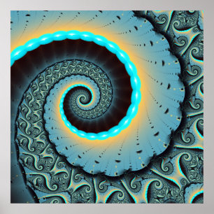 Poster Art fractal spirale abstrait bleu turquoise orange