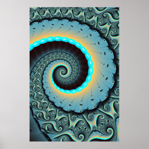 Poster Art fractal spirale abstrait bleu turquoise orange