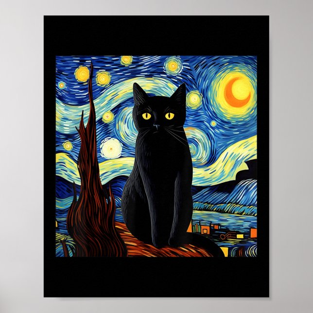Poster Art Funny Black Cat Peinture Artiste Van Gogh Star (Devant)