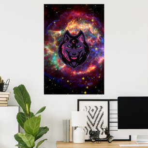 Poster Art Graphique, Illustration de loup cosmique viole