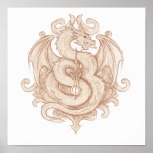 Poster Art héraldique symétrique : emblème de dragon goth
