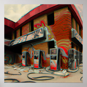 Poster Art IA de station-service abandonnée abstraite