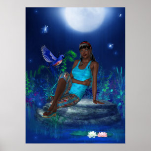 Poster Art Imaginaire Lune Fille Oiseau Fille