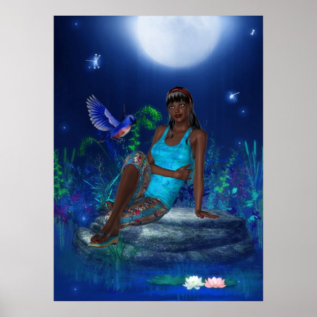 Poster Art Imaginaire Lune Fille Oiseau Fille (Devant)