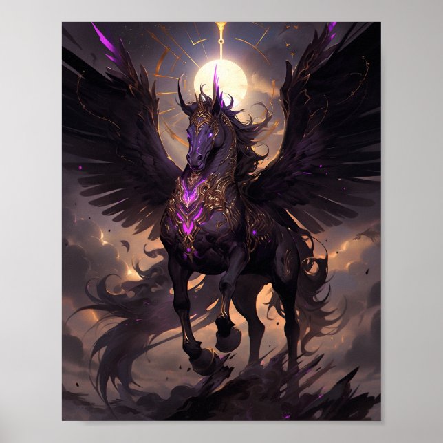 Poster Art Imaginaire noir violet Unicorne (Devant)