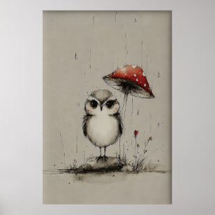 Poster Art imprimable de hibou sous champignon, croquis d