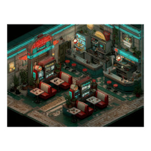 Poster Art isométrique de diner Cyberpunk Neon