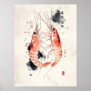 Poster Art japonais de crevette aquarelle avec calligraph