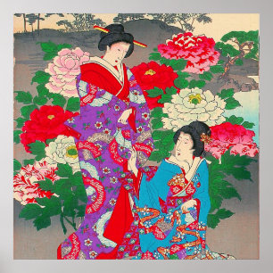 Poster Art Japonais - Deux Femmes Parlant Dans Le Jardin 