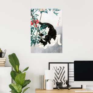 Poster Art Japonais Vintage Chat Noir et Blanc Tomate