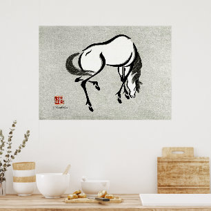 Poster Art japonais vintage Urushibara Mokuchu Cheval