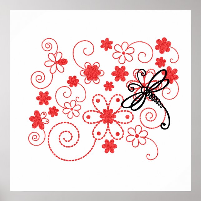Poster Art libellule fleurs (Devant)