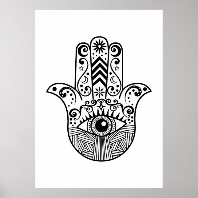 Poster Art main noir et blanc Boho Hamsa (Devant)