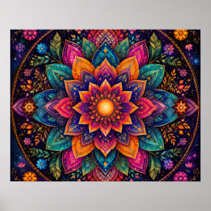 POSTER ART MANDALA FLORAL AUX TONS DE JOYAU COSMIQUE