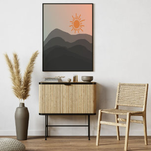 Poster Art minimaliste Boho gris Mountain Sunset