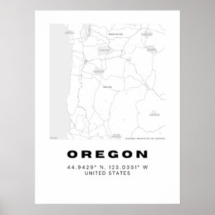 Poster Art minimaliste de carte Oregon - noir et blanc