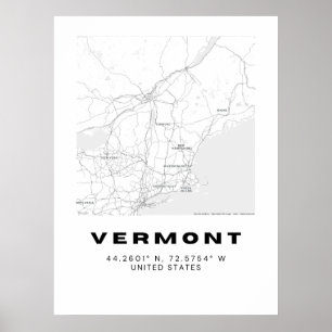 Poster Art minimaliste de carte Vermont - Noir et Blanc