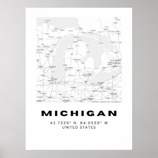 Poster Art minimaliste de la carte du Michigan - Noir et 