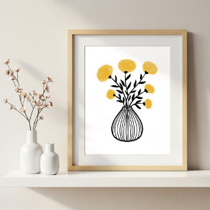 Poster Art mixte dessiné à la main Fleurs jaune moutarde