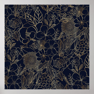 Poster Art moderne Gold Blue Floral Doodles