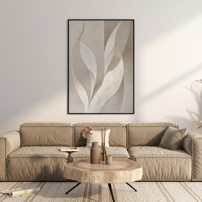 Poster Art Moderne Neutre Feuille esthétique mur (Modern Neutral Leaves Aesthetic Wall Art in a beautiful beige neutral boho luxe living room.)