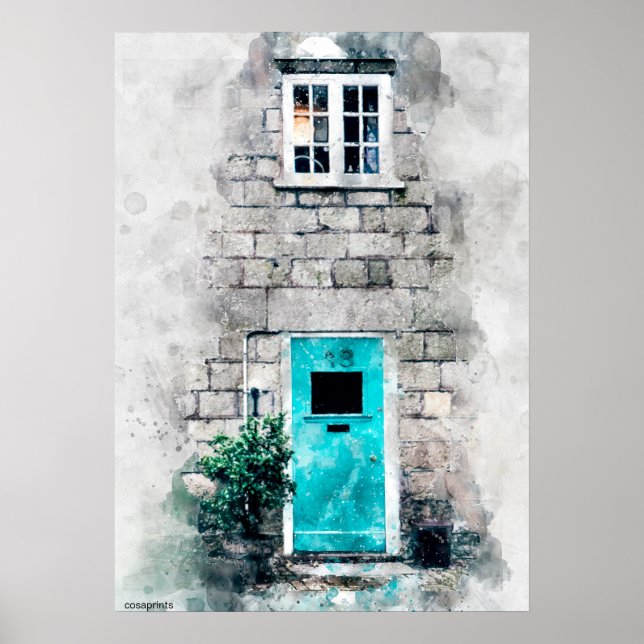 Poster Art moderne peinture d'aquarelle de porte bleue (Devant)