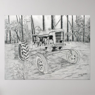 Poster art noir et blanc de ferme vintage de tracteur