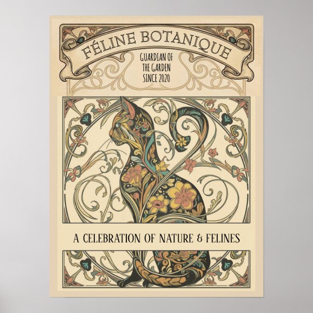 Poster Art Nouveau Botanical Feline Ornamental Art (Devant)