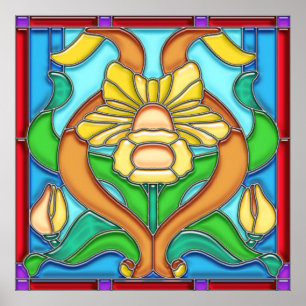 Poster Art Nouveau Daffodil Stain Glass Frame