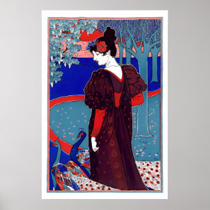 Poster Art nouveau de l'ère victorienne femme et paons