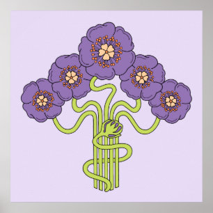 Poster Art Nouveau dessin de fleurs violet carré