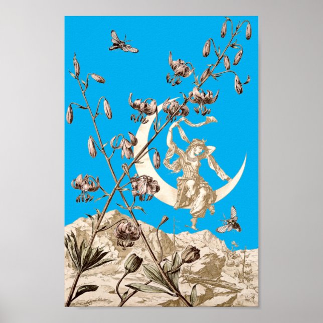 Poster Art Nouveau Girl on Crescent Moon par A. Seder (Devant)