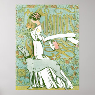 Poster Art Nouveau Greyhound et dame à la fleur