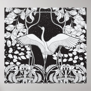 Poster Art Nouveau : Illustration d'oiseaux floraux
