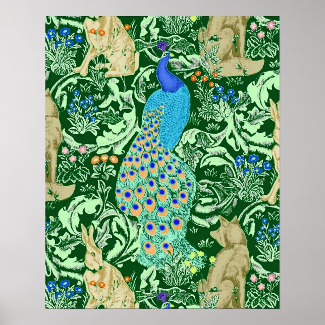 Poster Art Nouveau Peacock Imprimer, Vert Forêt (Devant)
