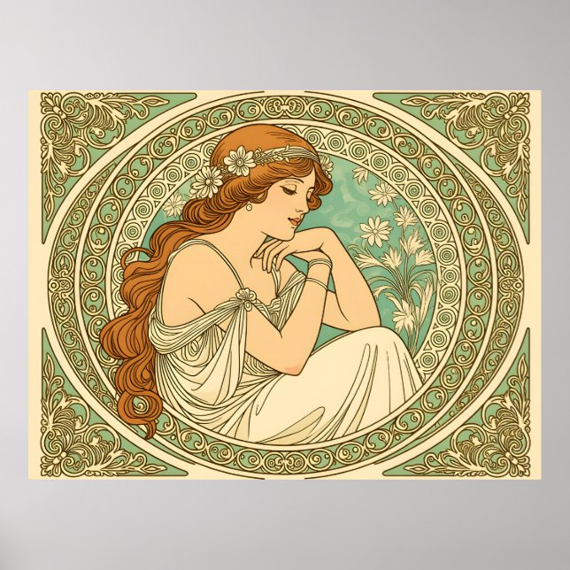 Poster Art nouveau romantic illustration white flowers (Devant)