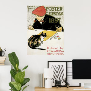 Poster Art Nouveau vintage, artiste peignant avec un chat
