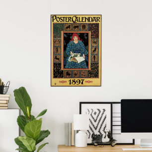 Poster Art Nouveau vintage, femme lisant un livre d'astro
