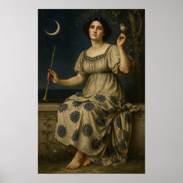 Poster Art Nouveau Woman With Clarinet and Crescent Moon (Devant)