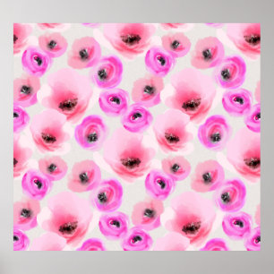 Poster Art numérique d'aquarelle rose Fleurs