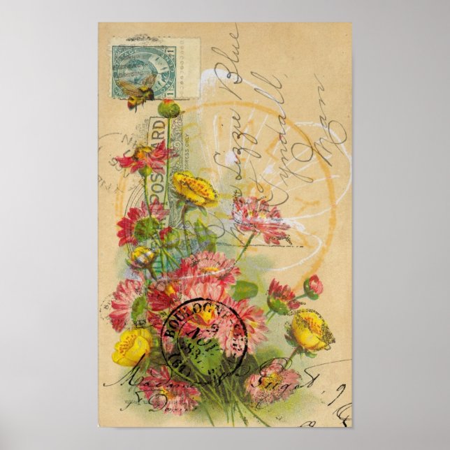Poster Art numérique de carte postale Fleurs roses (Devant)