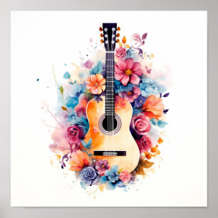 Poster art numérique de guitare abstraite aquarelle