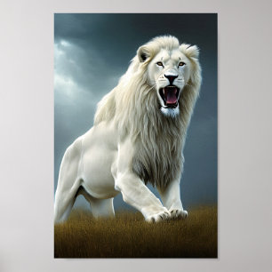 Poster Art numérique de lion blanc rugissant