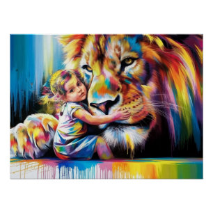 Poster Art numérique de taille de lion brillant et coloré