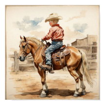 Art occidental vintage d'un garçon blond sur un ch
